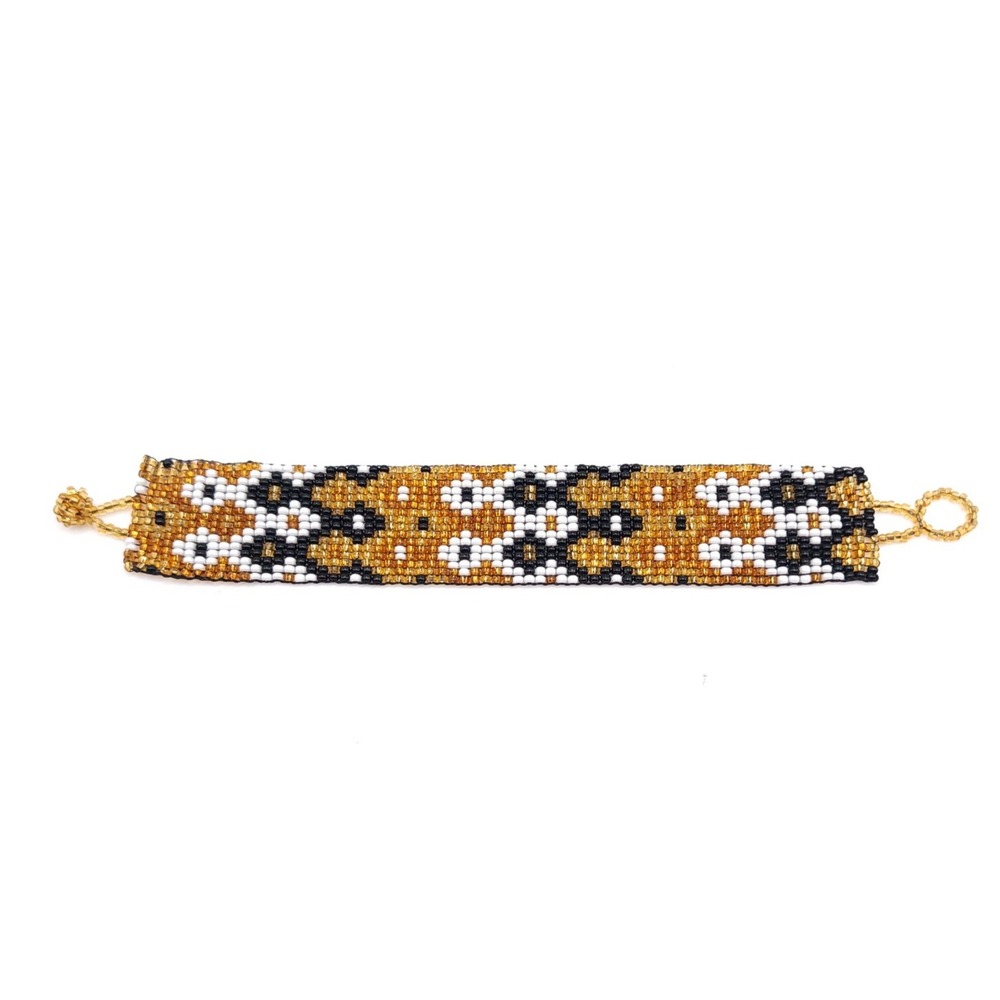 Handmade Seed Bead Cuff Bracelet Gold Black White Geometric Boho